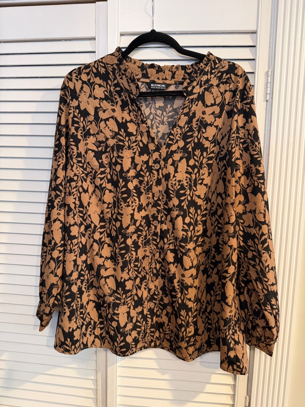 Blooming Floral Black and Tan faux Button-Front Women's Top